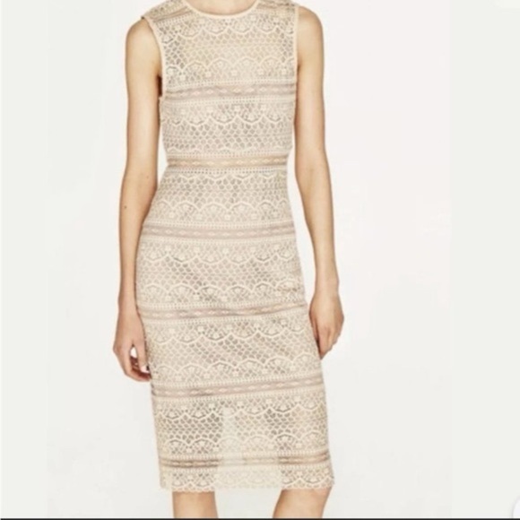 Zara Women's Cream Lace Shift Midi Dress Size Medium - Picture 1 of 5
